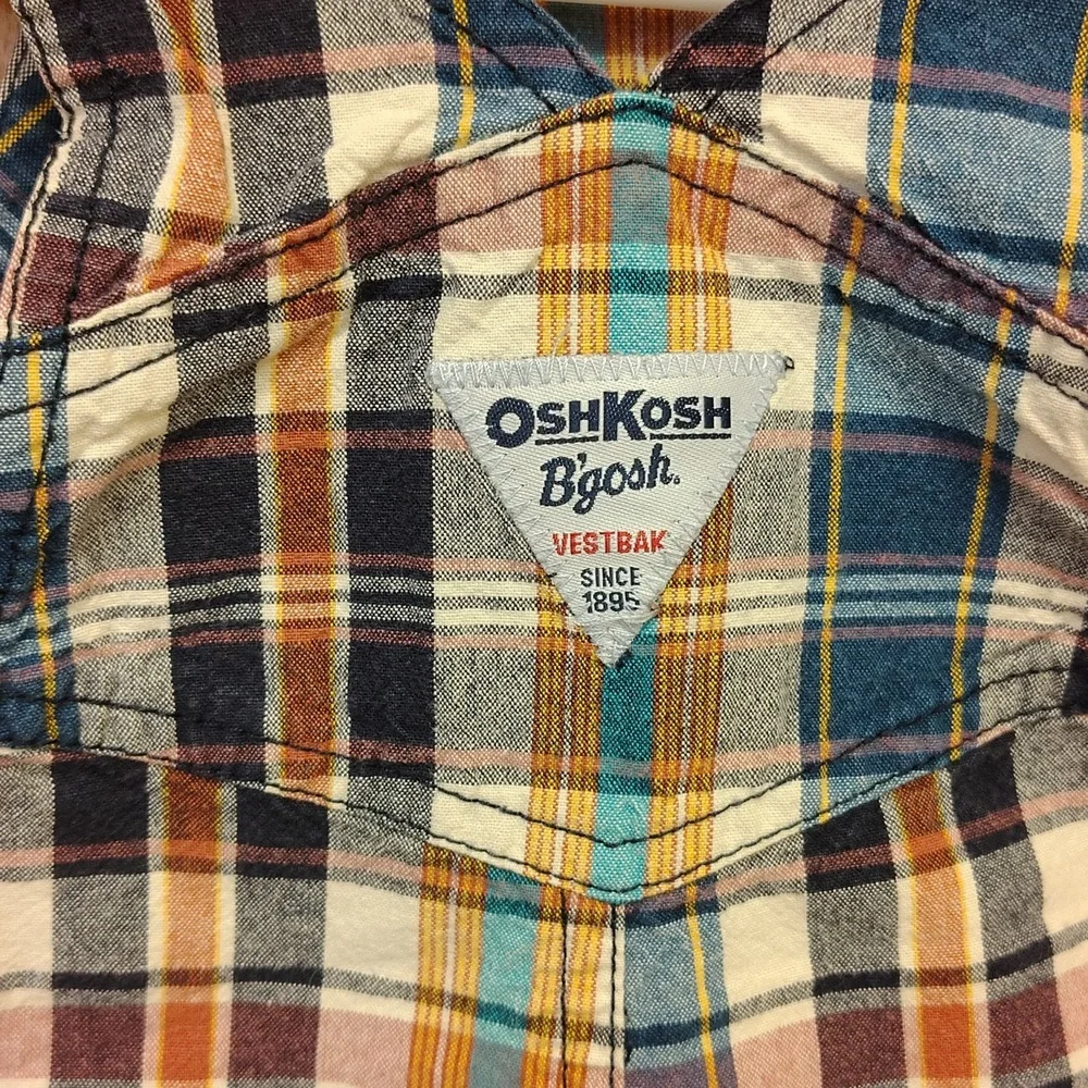 OshKosh B'gosh Kids Plaid Shorts Overalls Blue, Maroon, Mustard, Teal And Cream